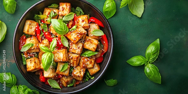 Obraz Delicious Tofu Dish with Fresh Basil, ai generated.