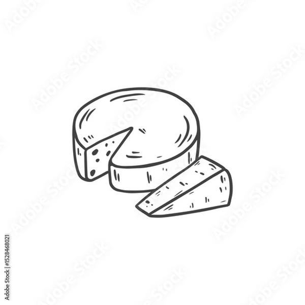 Fototapeta Cheese in sketch style, black and white illustration. Slice of cheese isolated on white. Food Vector illustration
