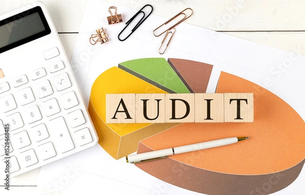 Fototapeta Audit word on wooden blocks placed over financial pie chart with calculator, pen, paper clips