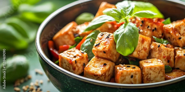 Obraz Delicious Tofu Dish with Fresh Basil, ai generated.