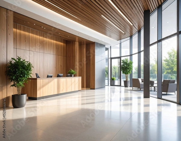 Fototapeta Modern office lobby showcases elegant wood and glass elements, creating welcoming atmosphere with natural light streaming through large windows. space features stylish furniture and greenery