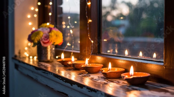 Obraz Warm Diwali Window Display with Lit Diyas and Festive Fairy Lights

