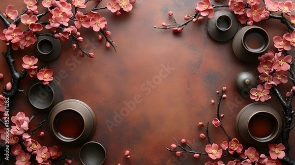 Fototapeta Beautifully arranged pink blossoms and tea cups on rustic background, happy Chinese Lunar new year.