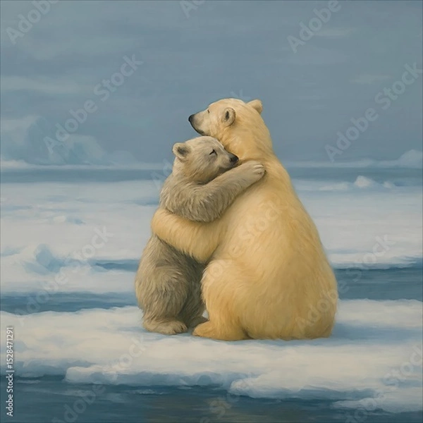 Obraz A heartwarming painting of two polar bears hugging on Arctic ice, symbolizing unconditional love in nature's harshest environment.