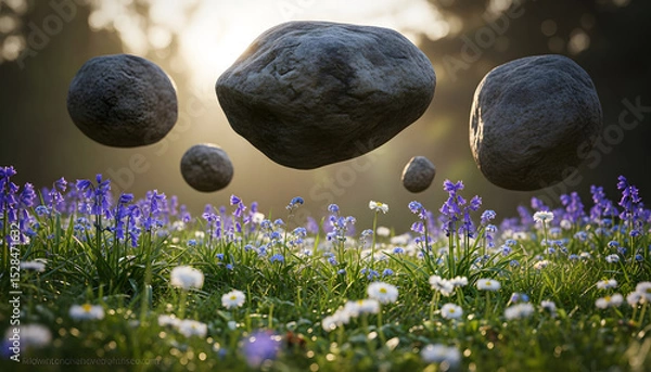 Fototapeta Surreal landscape featuring floating stones over a glowing meadow with misty trees and soft sunrise or sunset light