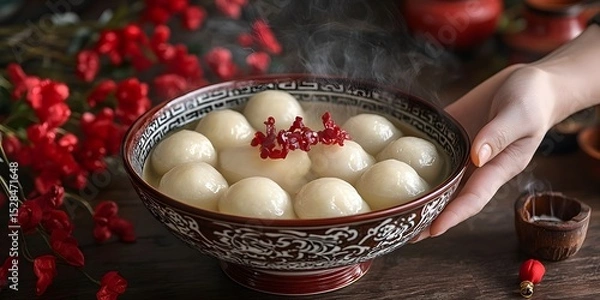 Fototapeta A bowl of Tangyuan (glutinous rice dumpling balls) holding by hand with hot smoke and new year decoration background for lunar new year festival food.