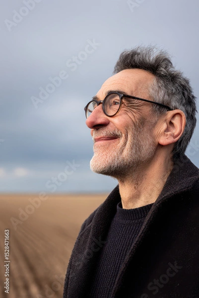 Fototapeta portrait of joyful agronomist on left side of frame with clean background of fields