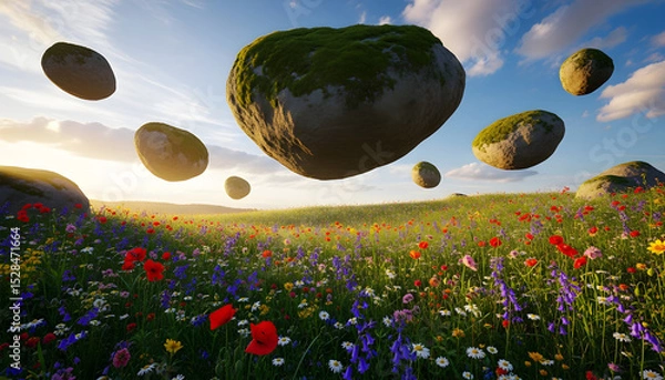 Fototapeta Floating stones above a surreal meadow with glowing flowers and misty morning light