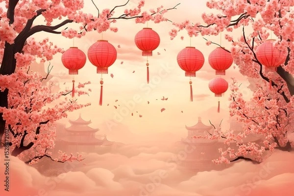 Fototapeta Paper lanterns and pink blossoms create a festive backdrop.