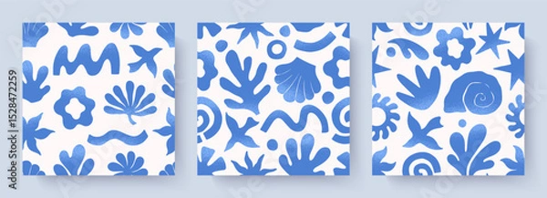 Fototapeta Summer tropical seamless patterns with hand drawn nature organic elements:palm,sun,coral,seashell,bird,wave.Trendy backgrounds for banners,smm,branding,textile,covers,prints.Summer vacation aesthetic