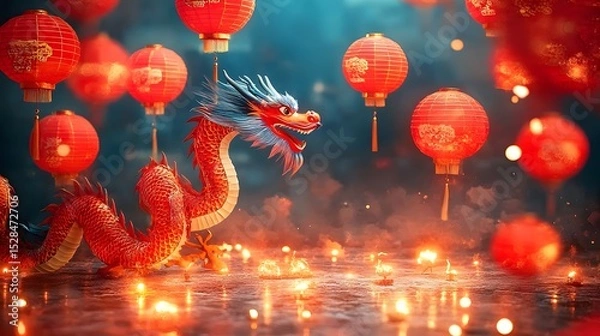 Fototapeta Chinatown celebrates New Year with dragons and red lanterns.