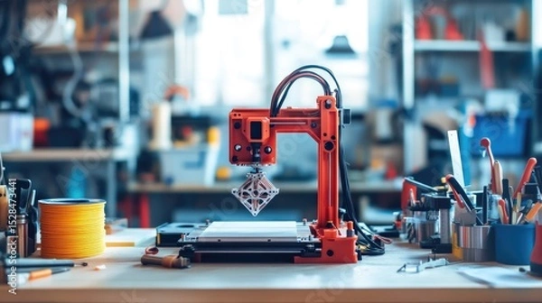 Fototapeta Modern D printer creating a mechanical component on a clean workbench, surrounded by tools and filament spools