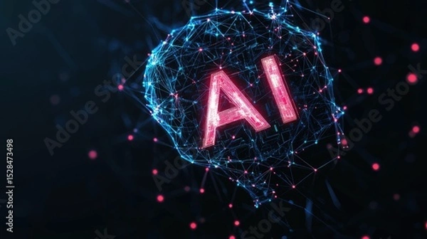 Obraz Modern technology logo with stylized AI letters formed from connected nodes and circuit traces, floating over clean backdrop