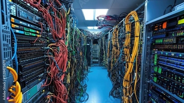 Fototapeta Office network room with structured cabling, patch panels, and labeled ports in a well-lit space