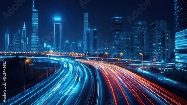 Fototapeta Night view of smart freeway with motion blur from electric cars and glowing data streams