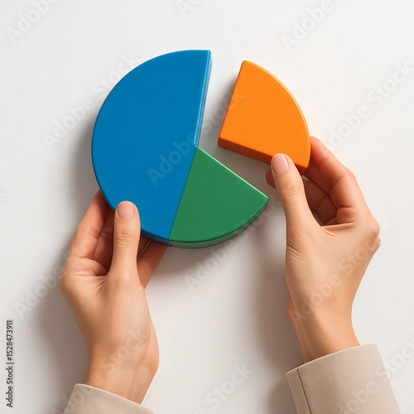 Fototapeta Colorful Pie Chart Slice Held by Hands, Diversified Investment Strategy, Financial Data Visualization, Business Concept, Flat Lay Surreal