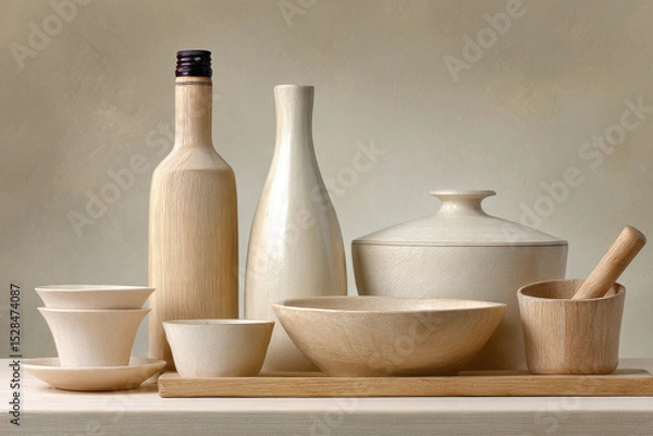 Fototapeta minimalist still life featuring wooden objects arranged elegantly on ultrabright clean background