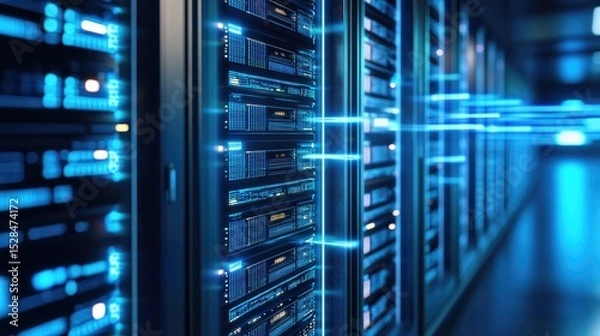 Obraz Server rack emitting digital beams to multiple user devices, representing instant data delivery across networks