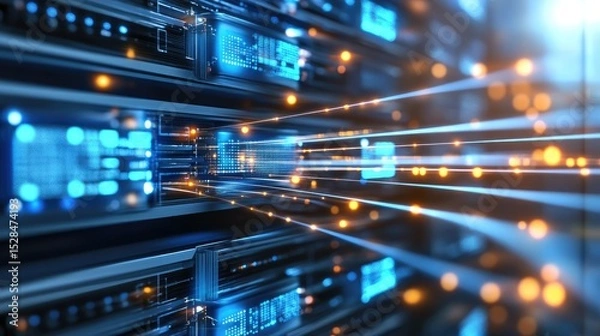 Fototapeta Server rack emitting digital beams to multiple user devices, representing instant data delivery across networks