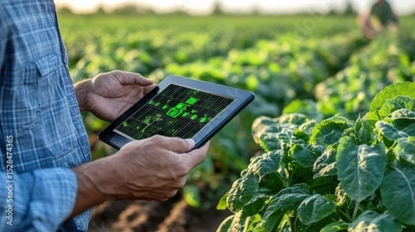 Fototapeta Smart agriculture tech monitoring plant growth with sensor data shown on solar-powered tablet