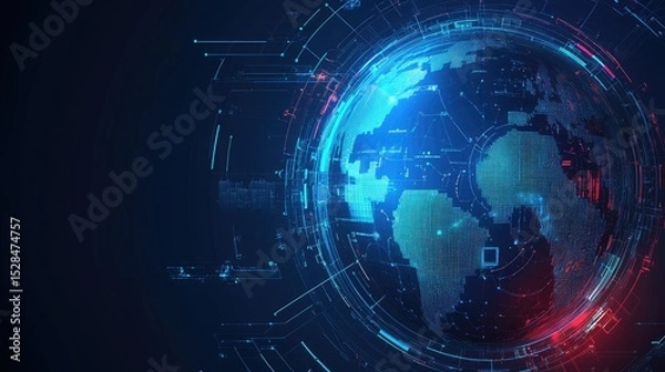 Fototapeta Technology banner with rotating digital globe, satellite signals, and connected continents