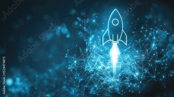 Fototapeta Tech startup launch banner with rocket icon, network overlays, and success arrows in motion