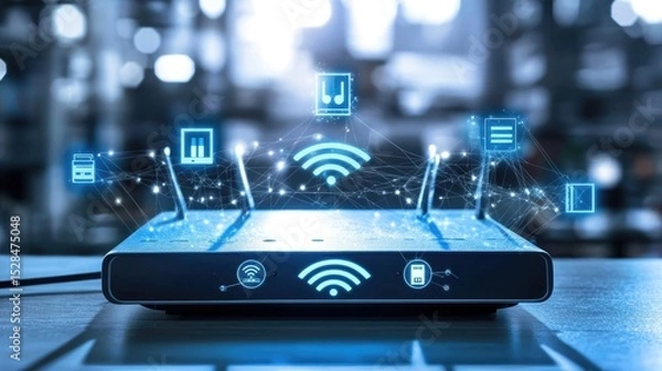 Fototapeta Wi-Fi router with data signal waves and connected device icons in an abstract technology theme