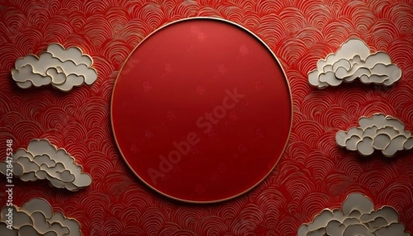 Fototapeta Lunar New Year design background with circle frame and clouds, 3D pattern, red eastern template with copy space.