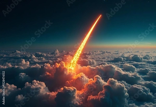 Fototapeta Fiery rocket trail piercing clouds, signifying space exploration,  upward,  vertical