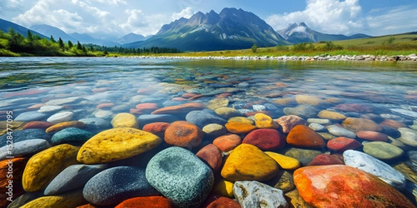 Obraz Mountain Stream with Colorful Rocks, ai generated.