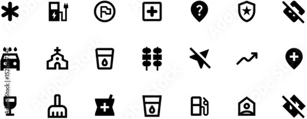 Obraz Black vector icons set for web design featuring simple shapes: plus sign with architectural details, food symbols, upward arrow, and map pin on white background.