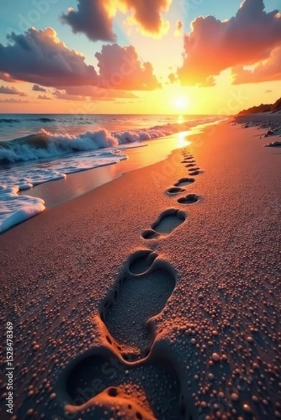 Fototapeta Single set of footprints leading towards distant horizon, seascape, red, journey