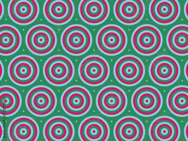 Fototapeta Seamless pattern of concentric circles in teal, pink, and red on a green background, creating a retro and vibrant design.