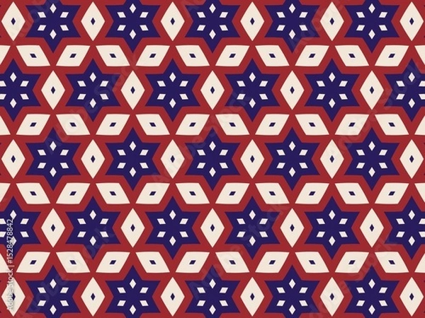 Obraz Seamless geometric pattern with repeating star shapes in navy blue, red, and cream, creating a bold and visually striking design.