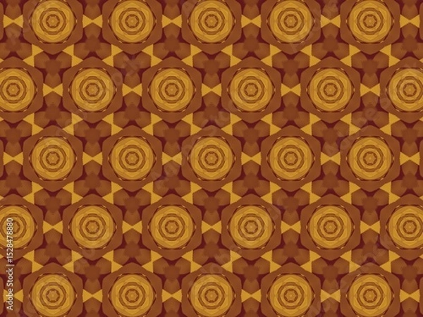 Fototapeta Seamless pattern with repeating mandala-like designs in shades of brown and gold, creating a rich and intricate texture.