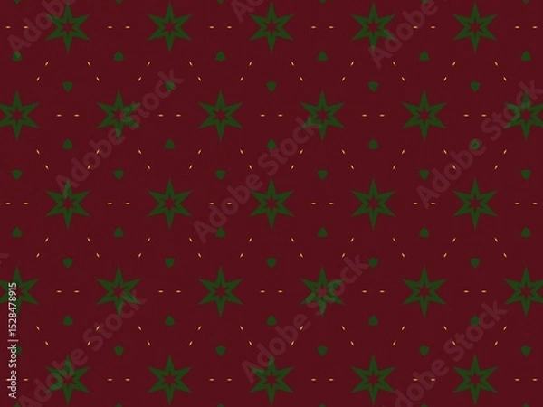 Obraz Seamless festive pattern with repeating green stars and small geometric shapes on a deep red background, perfect for holiday designs.