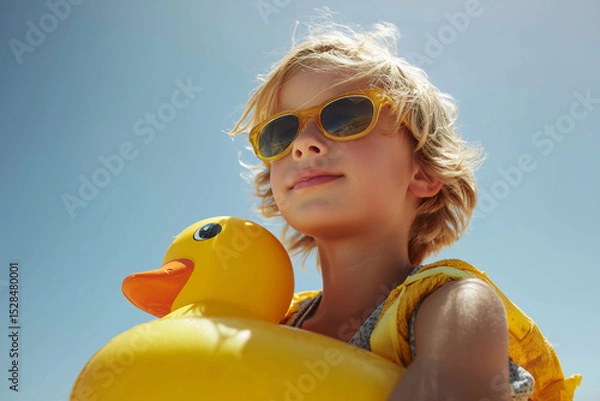 Fototapeta Cute boy with inflatable duck and sunglasses