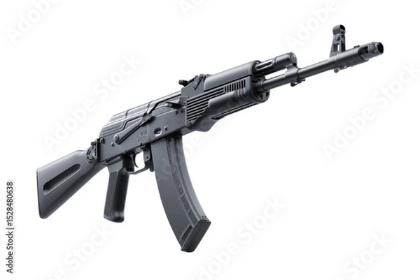 Obraz A black AK-47 rifle is displayed on a white background