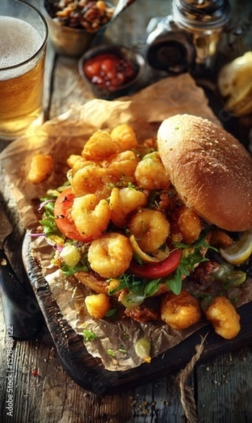 Obraz Delicious Shrimp Burger with Tater Tots and Beer on Rustic Wooden Table