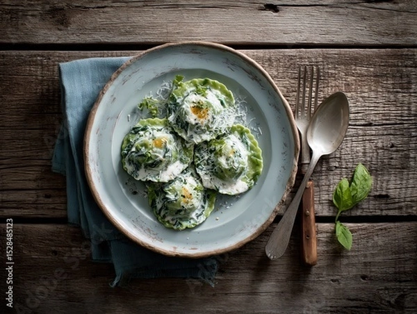 Obraz Delicious Spinach Ravioli with Creamy Sauce on Rustic Wooden Table