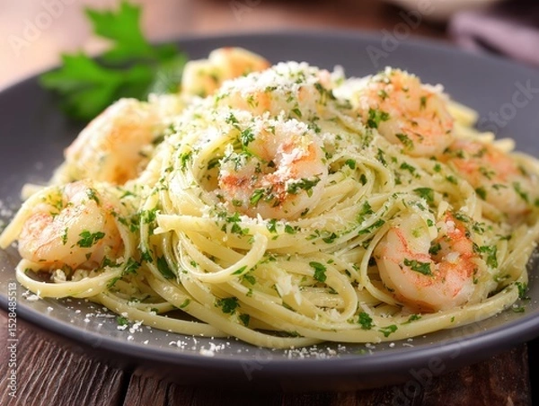 Obraz Delicious Shrimp Pasta with Garlic and Parsley Garnish on a Rustic Wooden Table