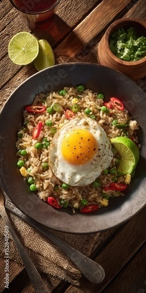 Obraz Delicious Fried Rice with Egg, Peas, and Fresh Vegetables on Rustic Wooden Table