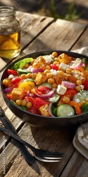 Obraz Vibrant Fresh Salad with Colorful Vegetables and Chickpeas in a Rustic Setting