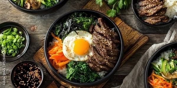 Obraz Delicious Korean Bibimbap Bowl with Beef, Vegetables, and Fried Egg