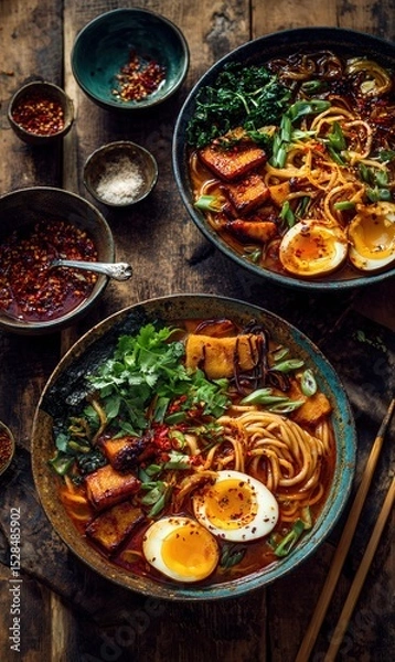 Obraz Delicious Asian Noodle Soup with Tofu, Eggs, and Fresh Vegetables on Rustic Wooden Table