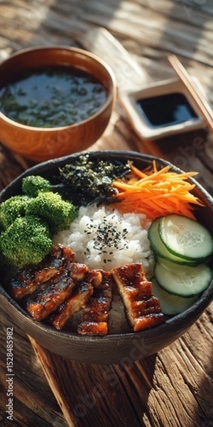 Obraz Delicious Japanese Cuisine: Grilled Eel Bowl with Fresh Vegetables and Soup