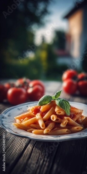 Obraz Delicious Penne Pasta with Fresh Tomatoes and Basil on a Rustic Table