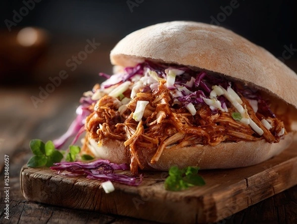 Obraz Delicious Pulled Pork Sandwich with Fresh Coleslaw on a Rustic Wooden Board