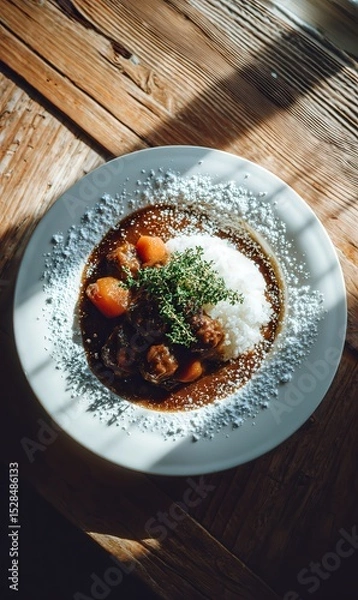 Obraz Delicious Homemade Curry with Rice and Fresh Herbs on a Rustic Wooden Table
