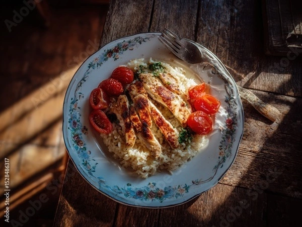 Obraz Delicious Grilled Chicken with Rice and Cherry Tomatoes on a Rustic Table